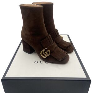 Gucci Marmont Fringe Double G Brown Suede Heeled Ankle Boot Size 36 US 6